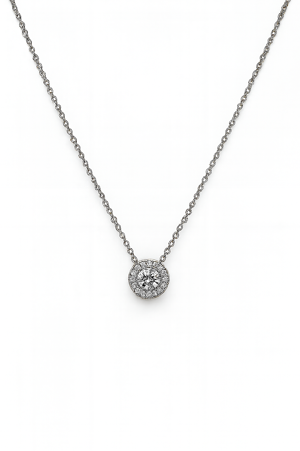 Silver necklace with a round pendant on a white background