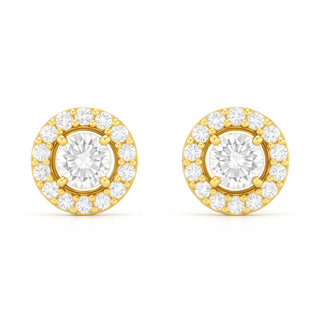 Gold earrings with clear gemstones on a white background