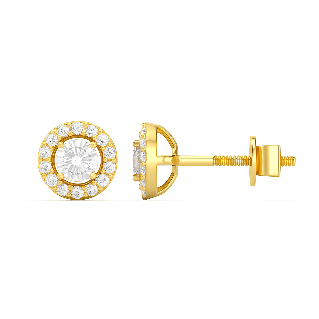 Gold earrings with clear gemstones on a white background