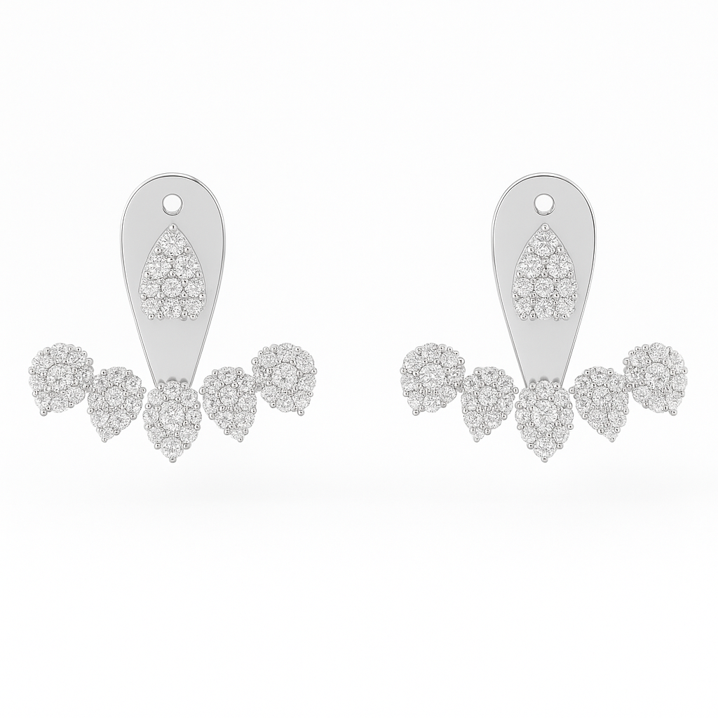 Pair of silver teardrop earrings with clear gemstones on a white background