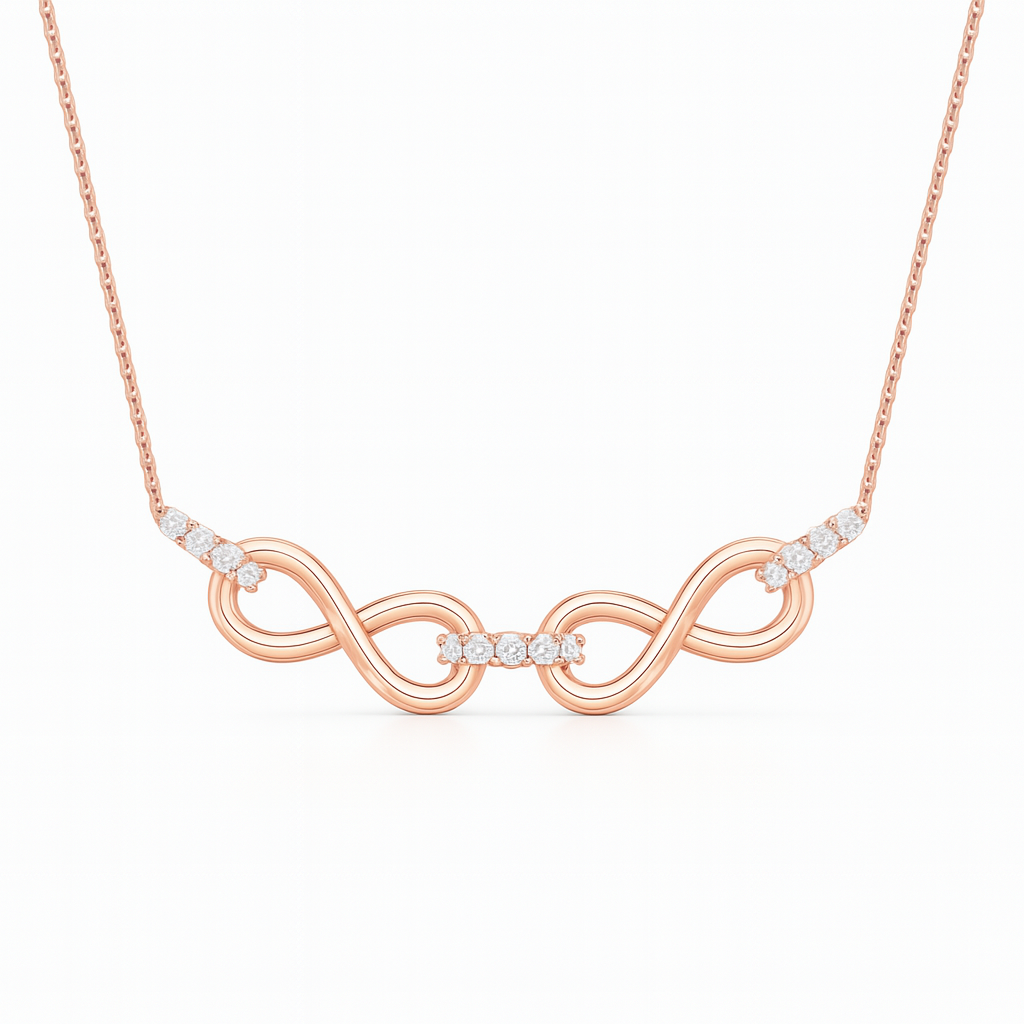 Rose gold necklace with diamond accents on a white background
