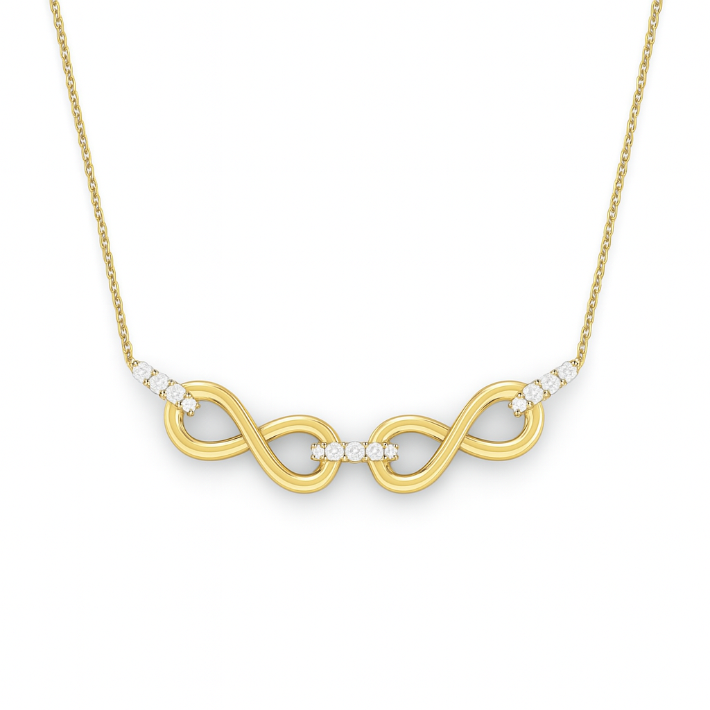 Gold infinity necklace with diamonds on a white background