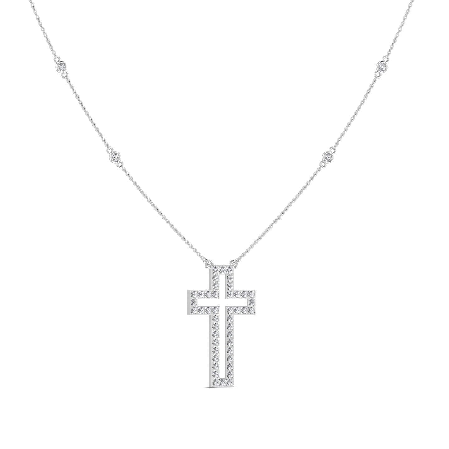 Silver cross necklace on a white background