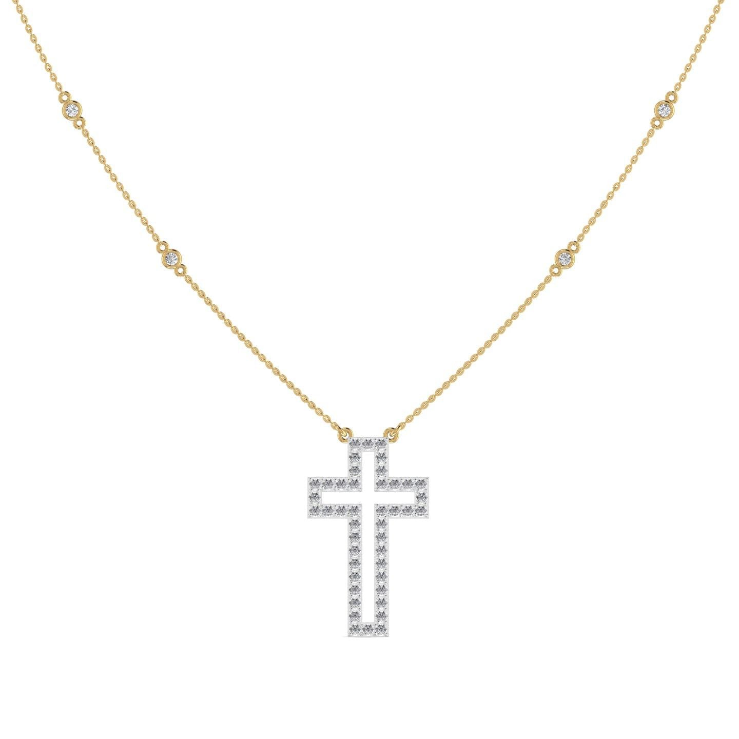 Gold necklace with a diamond-studded cross pendant on a white background