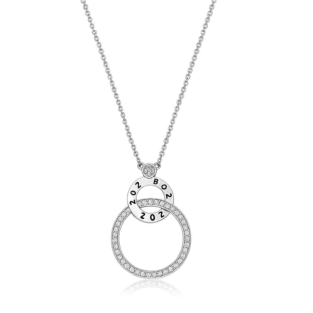 Silver necklace with a circular pendant on a white background