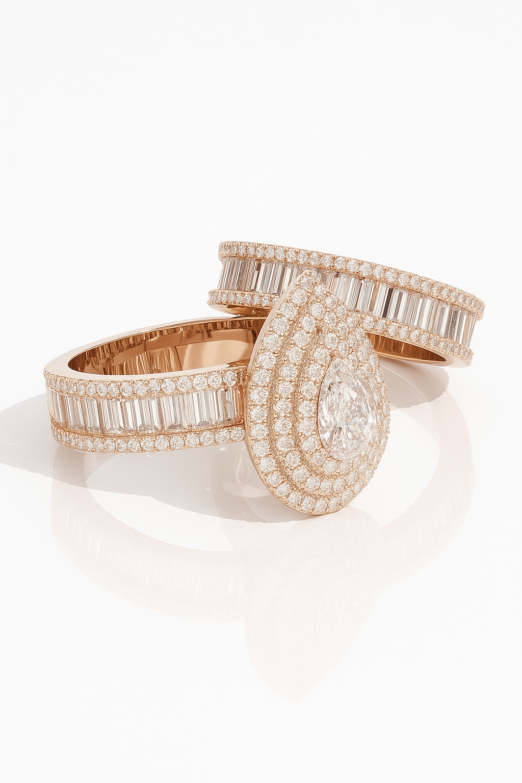 Rose gold bracelet with diamond accents on a white background