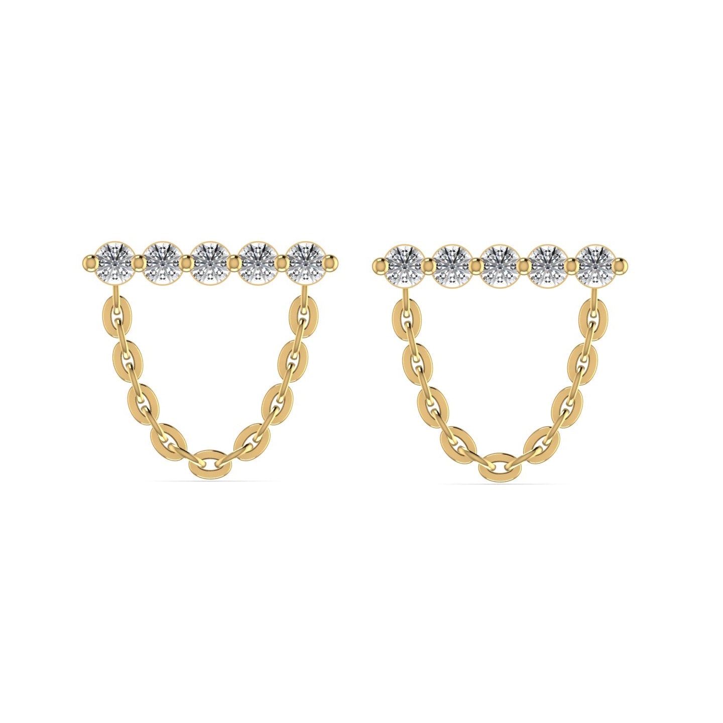 A pair of gold drop earrings featuring a series of natural diamond accents on a bar with chain detailing.