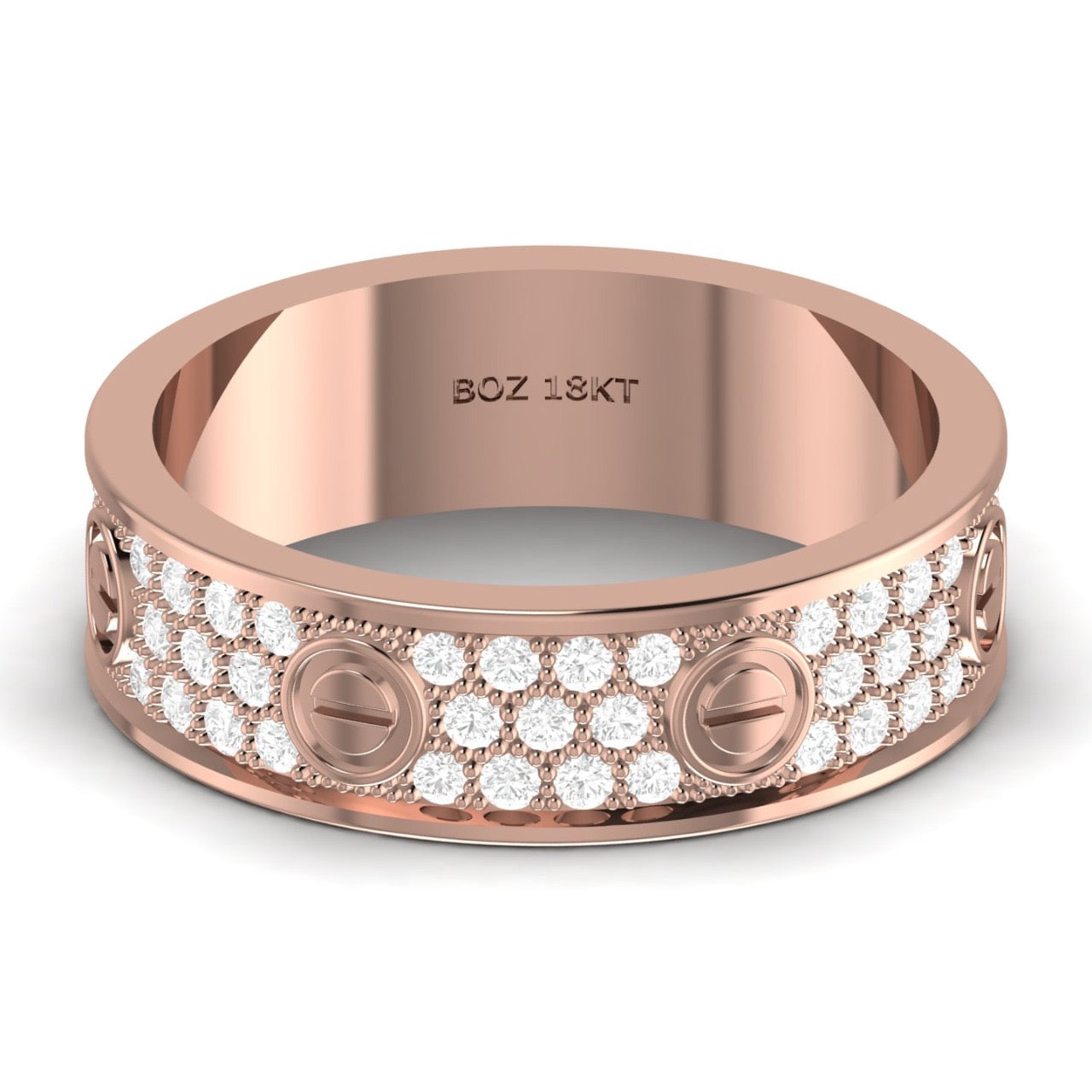 A 6mm wide 18K gold band with natural diamonds set around its circumference.