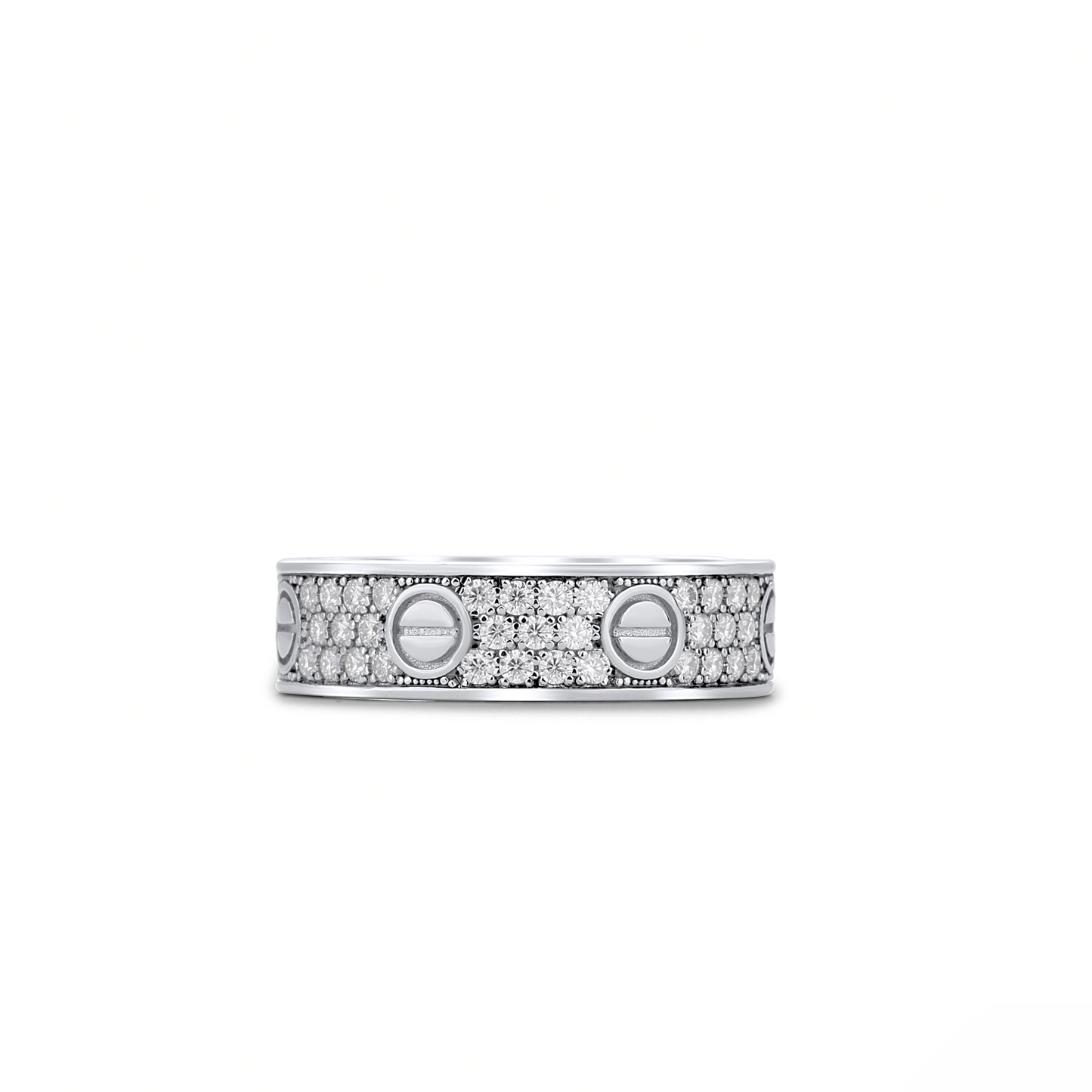 Silver ring with embedded diamonds on a white background