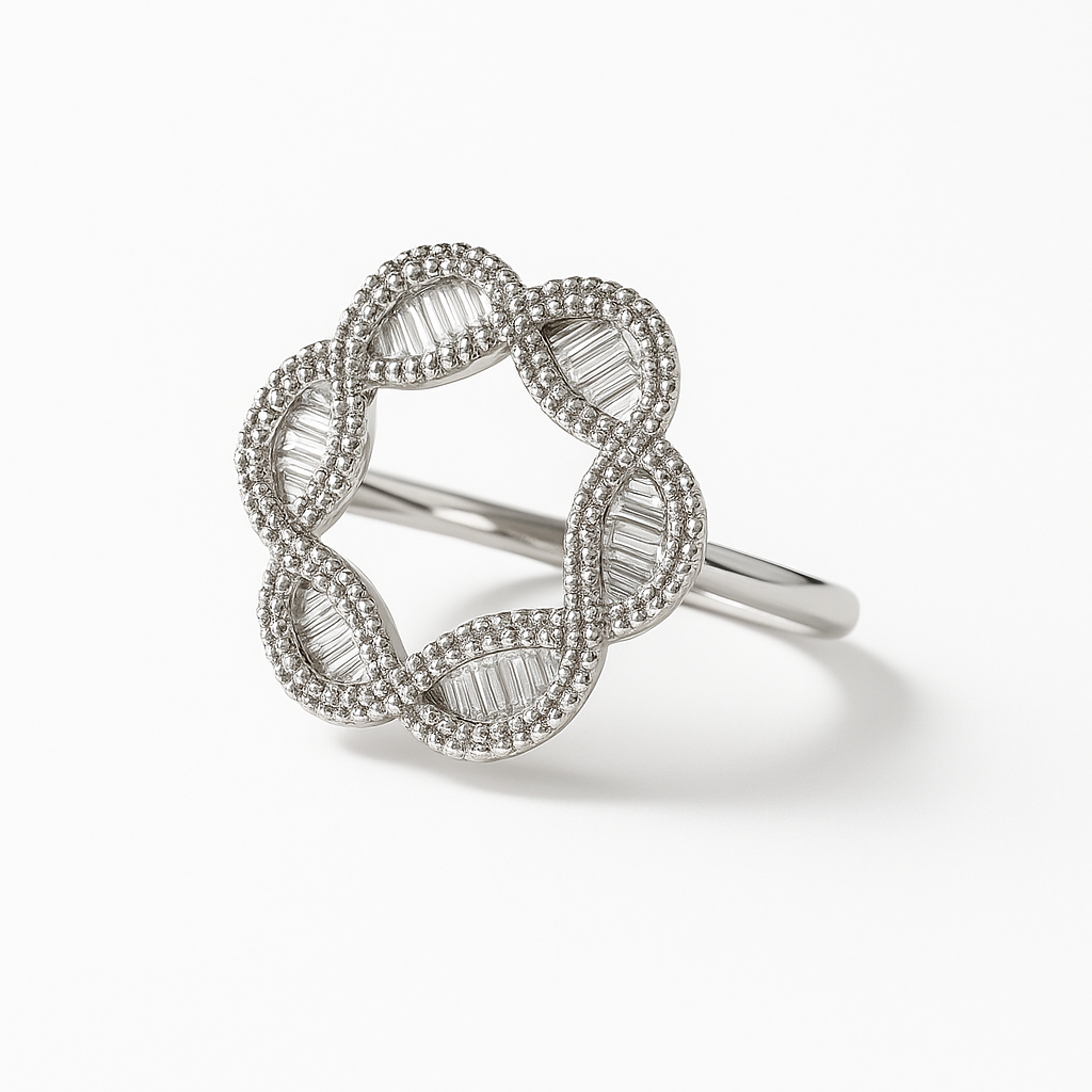 Silver ring with diamond accents on a white background