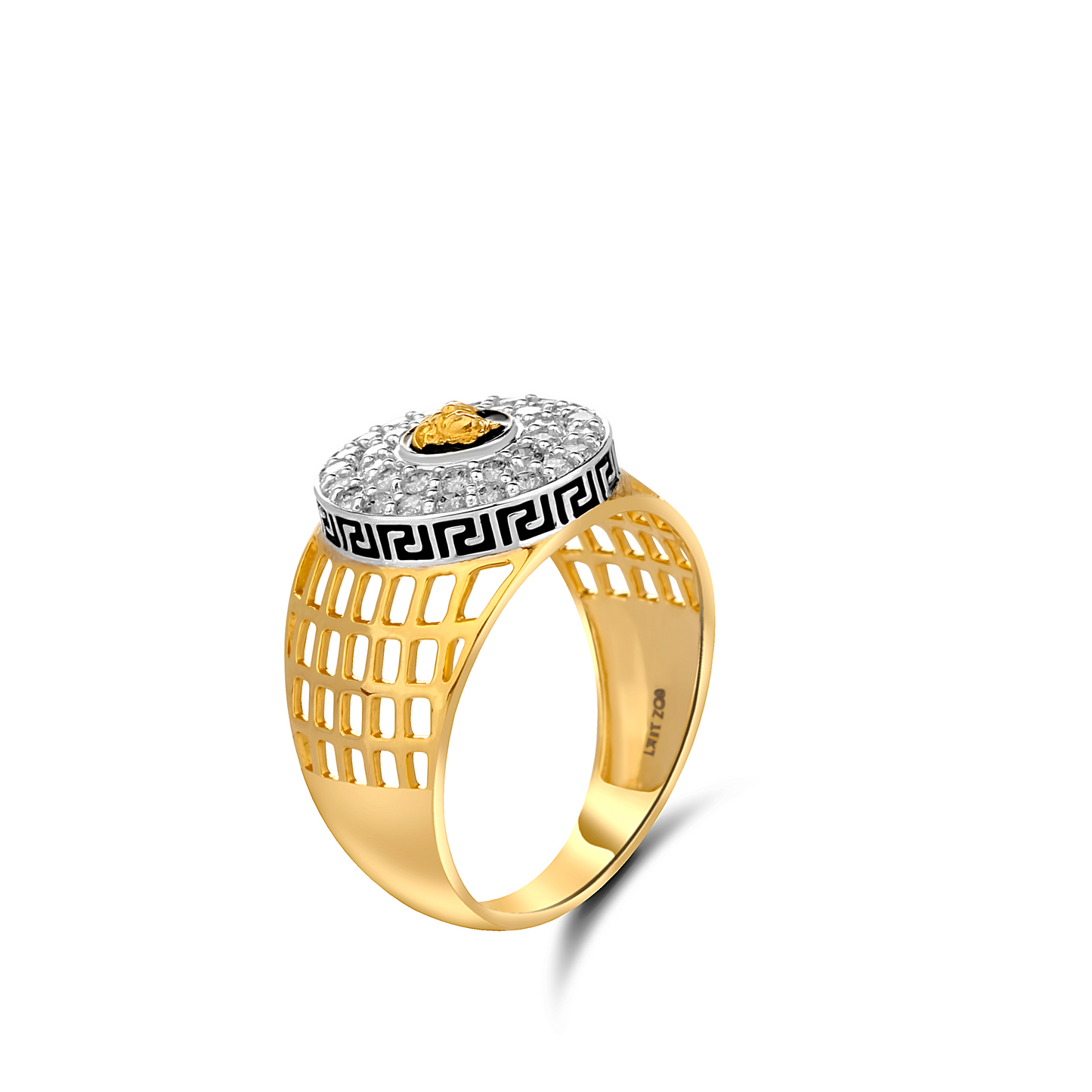 Gold ring with a decorative band and heart-shaped gem on a white background