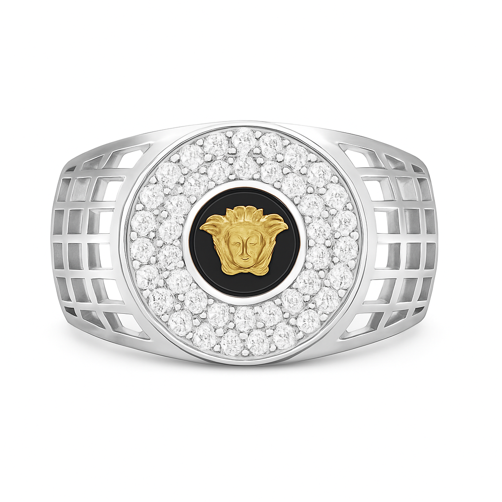 Luxury ring with diamond-studded band and central emblem on a white background
