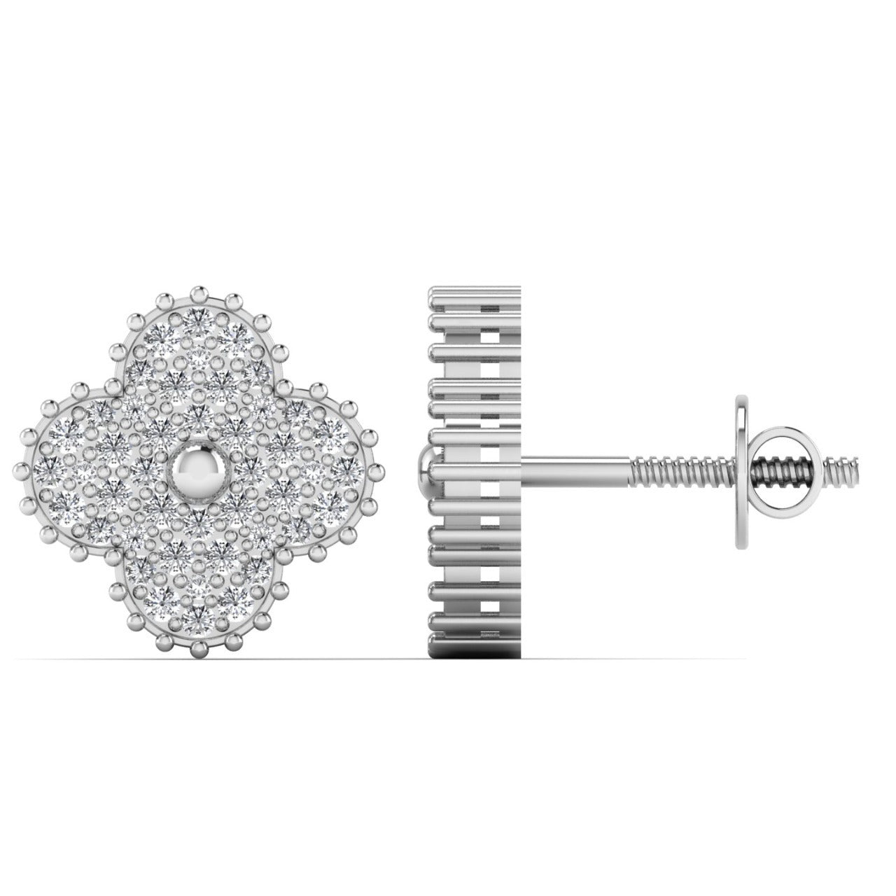 A pair of 18k gold midball clover diamond stud earrings with a central clover design surrounded by sparkling diamonds.