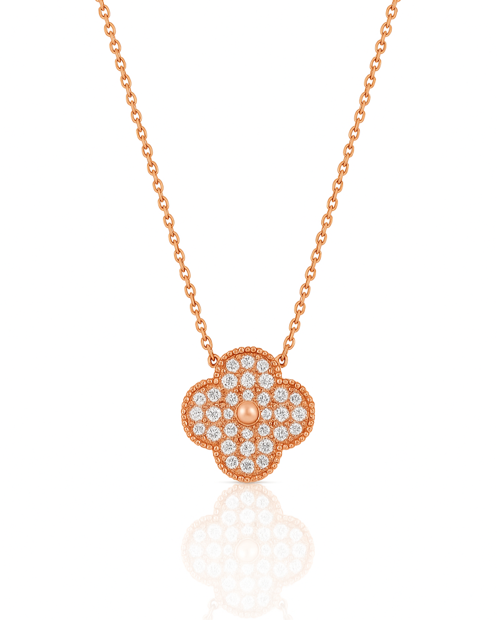 Rose gold necklace with a heart-shaped pendant on a white background
