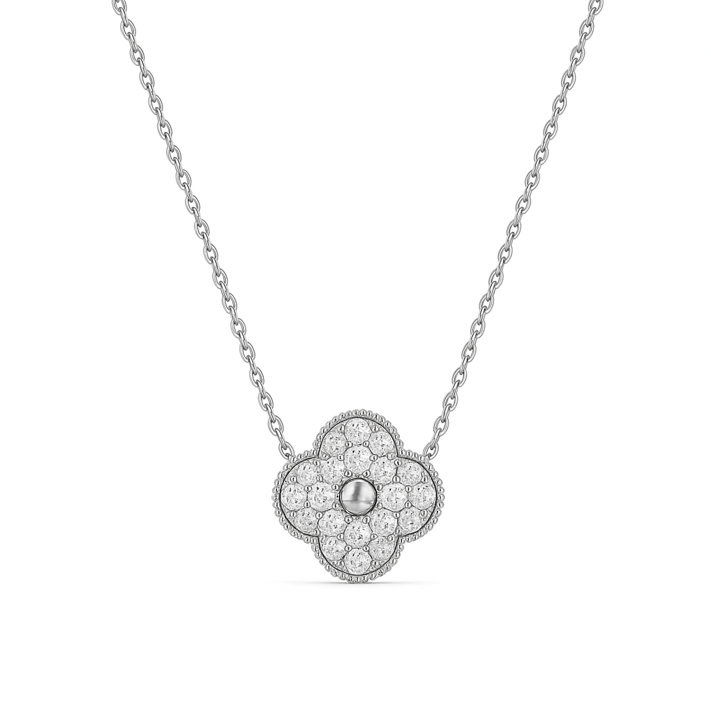 Silver necklace with a clover-shaped pendant on a white background