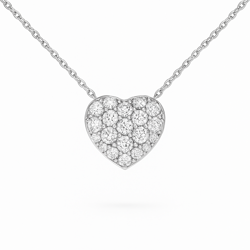 Heart-shaped diamond necklace on a white background