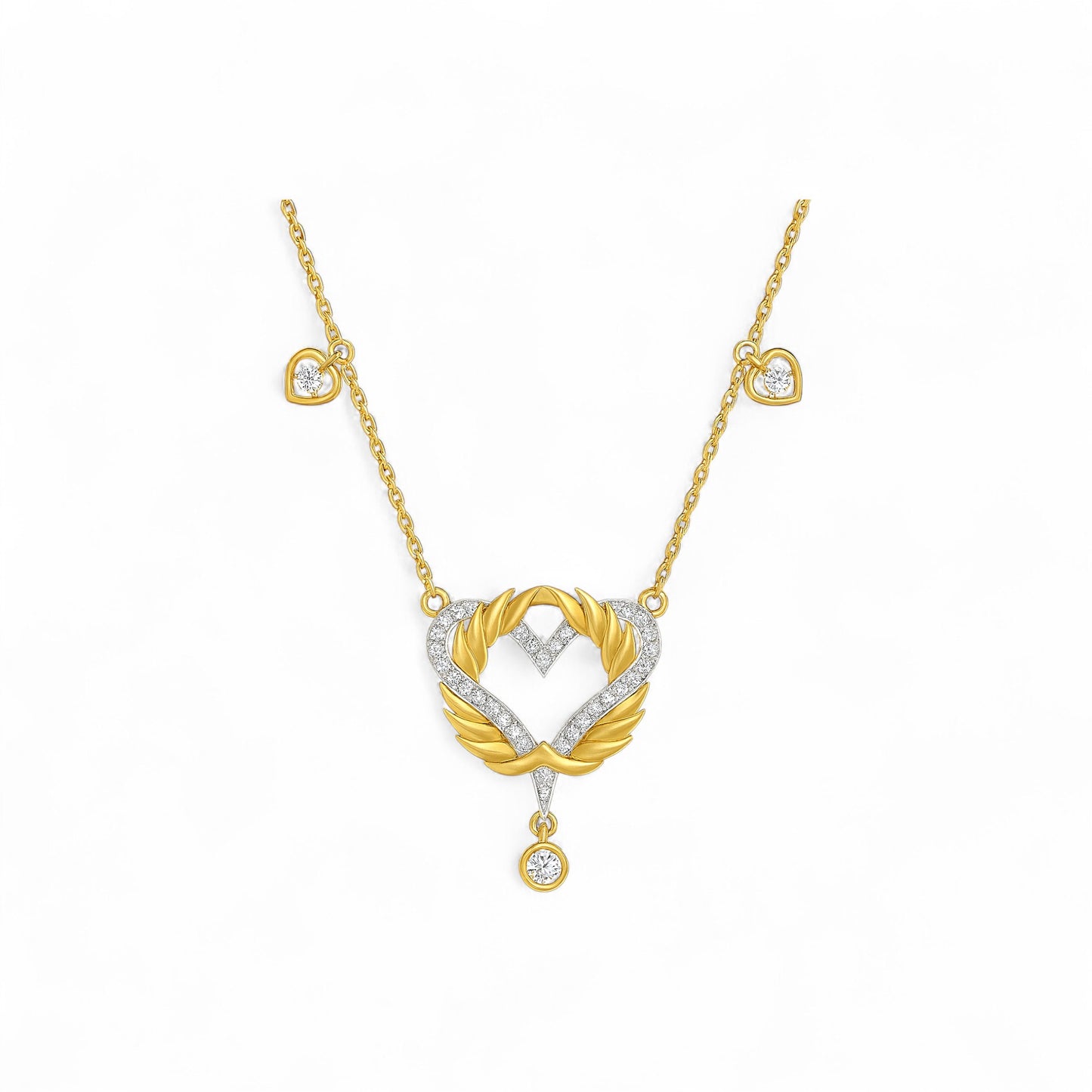 Gold necklace with a heart-shaped pendant on a white background