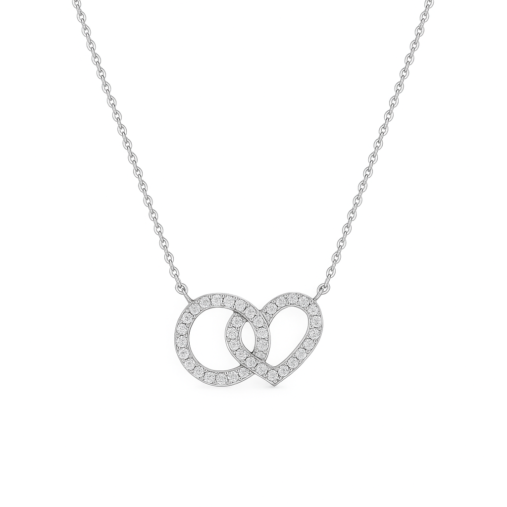 Necklace with interlocking heart pendants on a white background