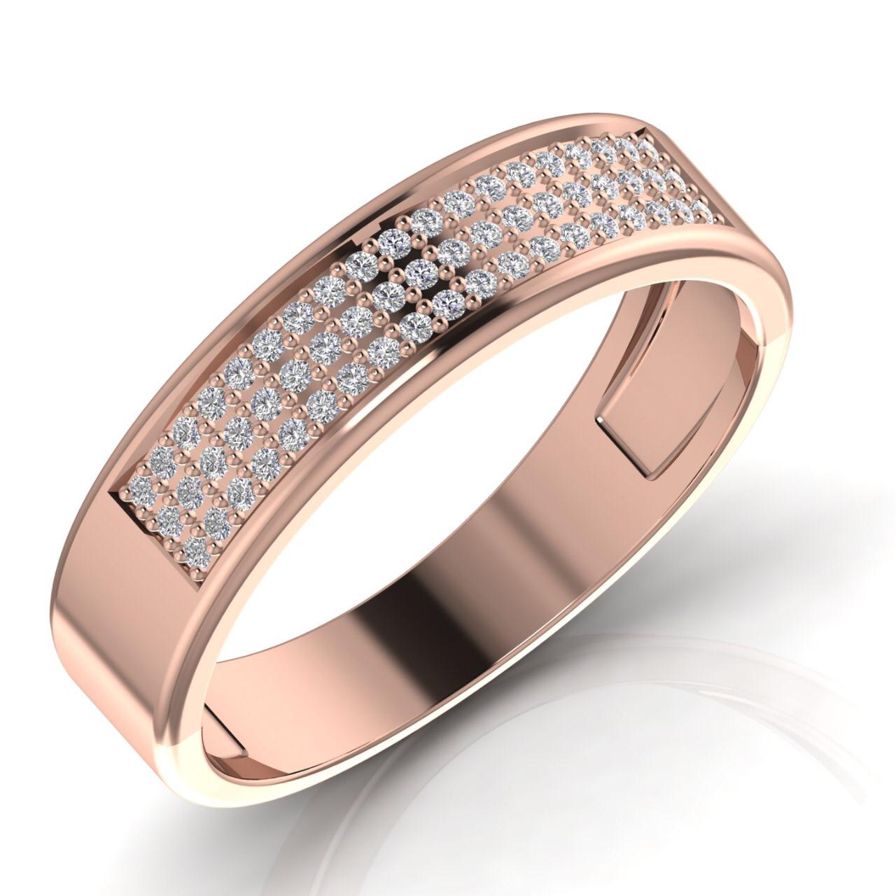 A close-up image of a men's wedding band featuring a pave set of natural diamonds in 10K gold.