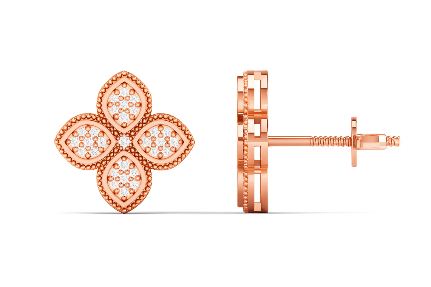 Rose gold floral earring on a white background