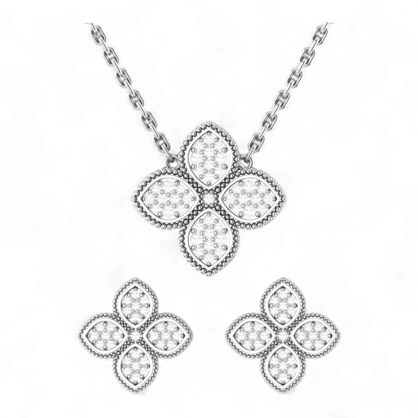 Butterfly-shaped silver necklace and earrings on a white background