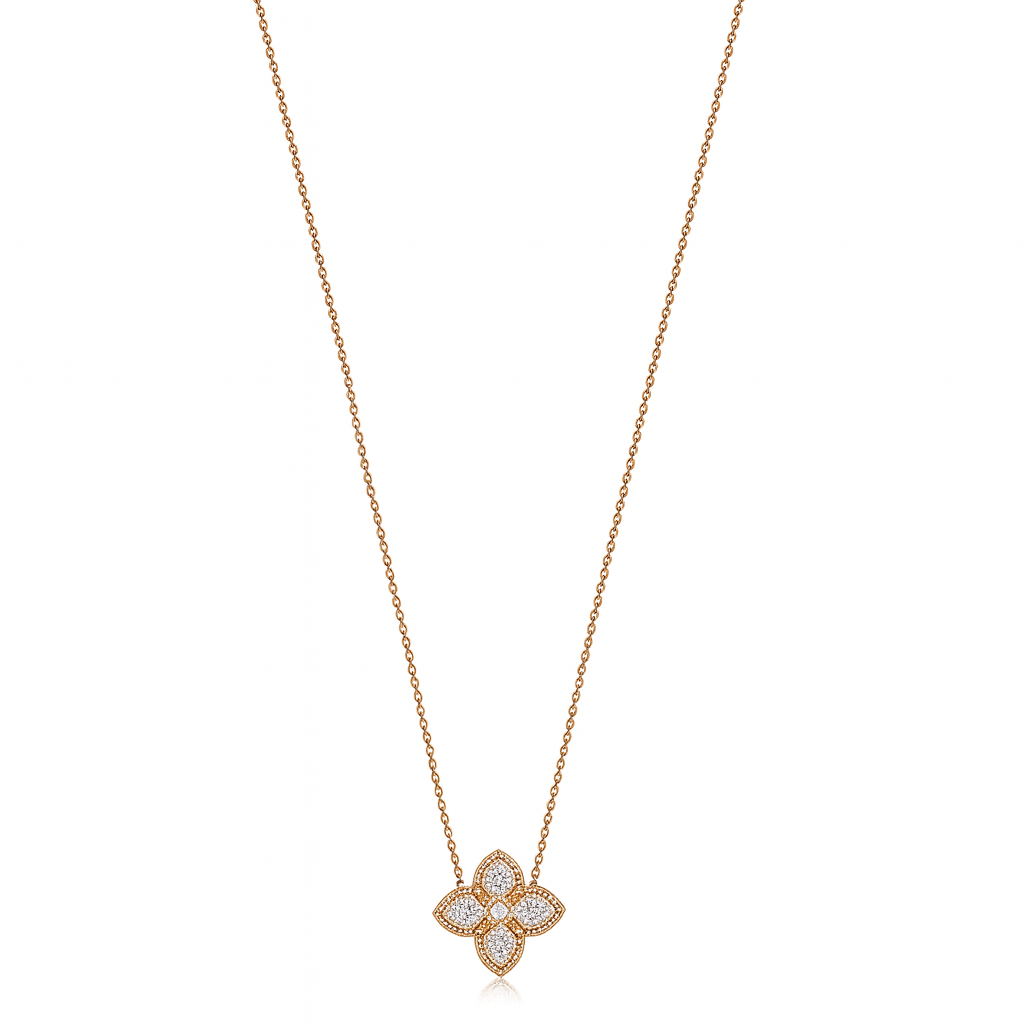 Rose gold necklace with a floral pendant on a white background