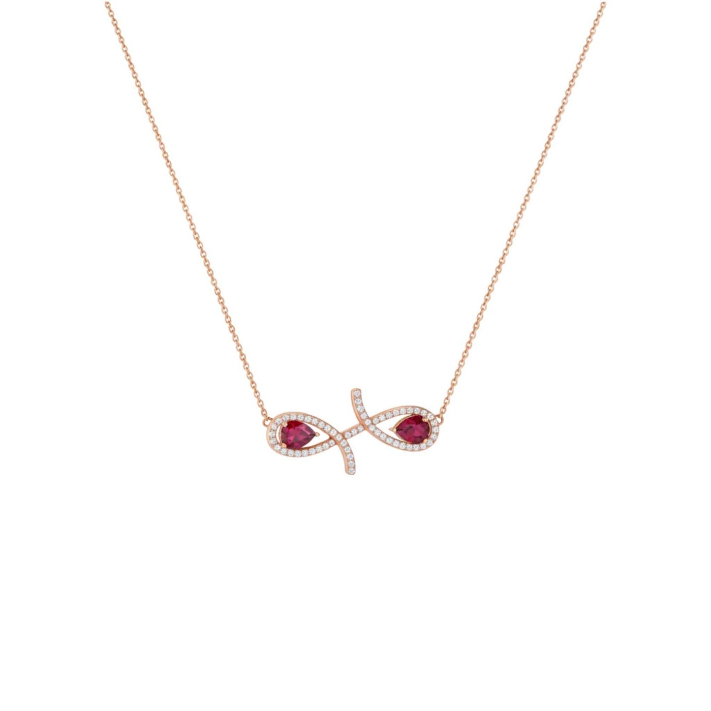 Rose gold necklace with a fish-shaped pendant featuring red gemstones on a white background