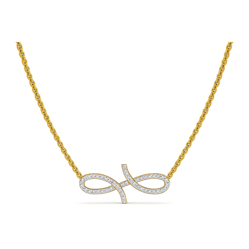 Gold necklace with a diamond-encrusted infinity pendant on a white background