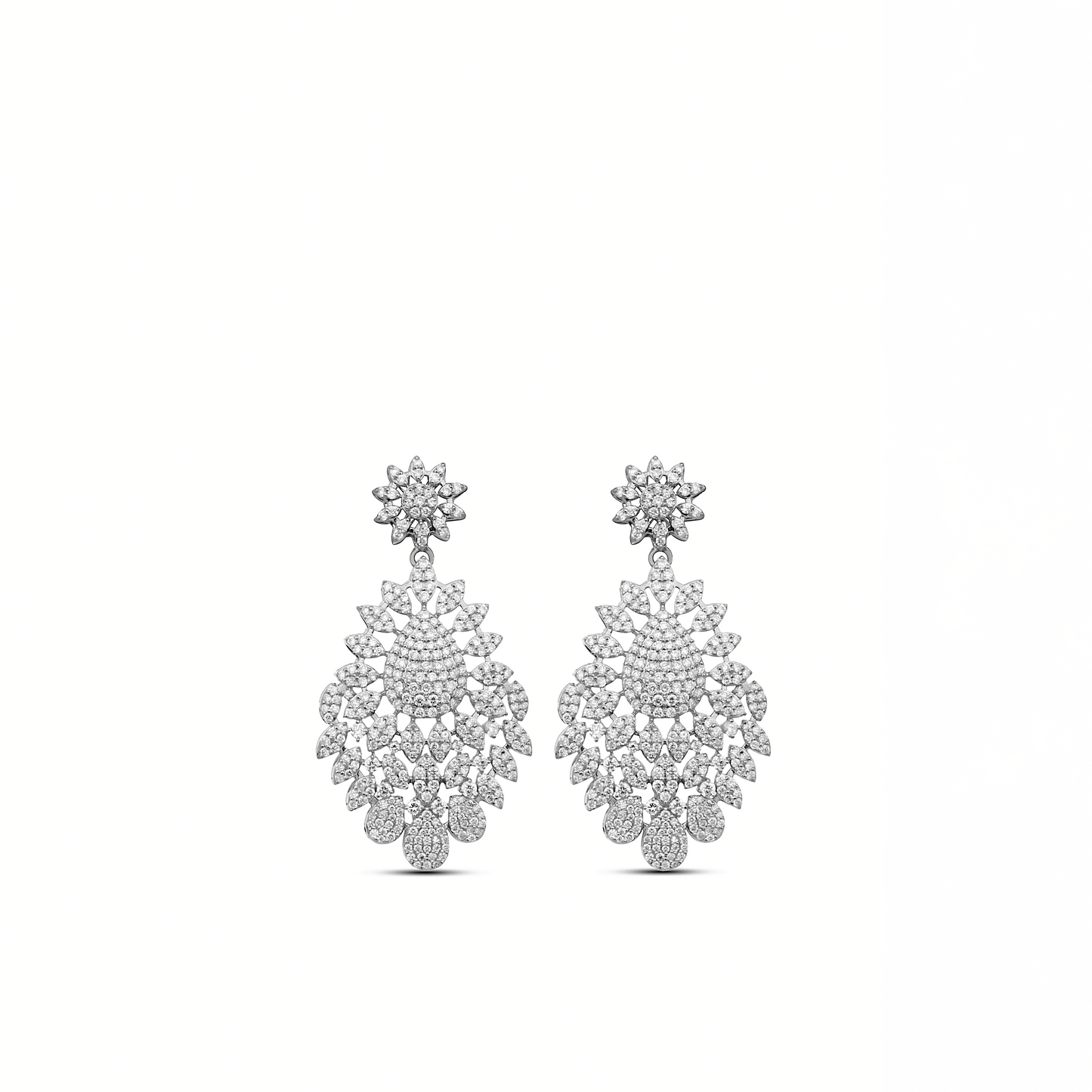 A pair of 18 karat gold drop earrings encrusted with natural diamonds