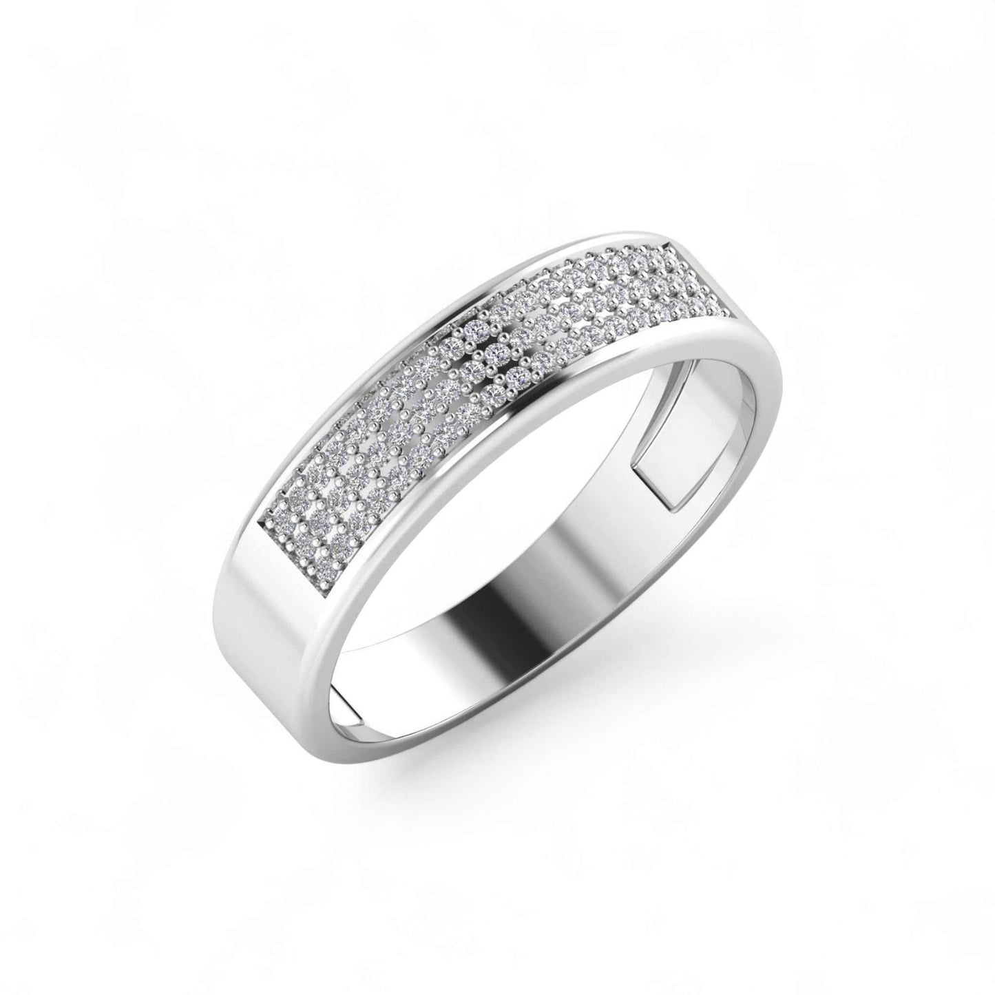 Silver ring with embedded diamonds on a white background