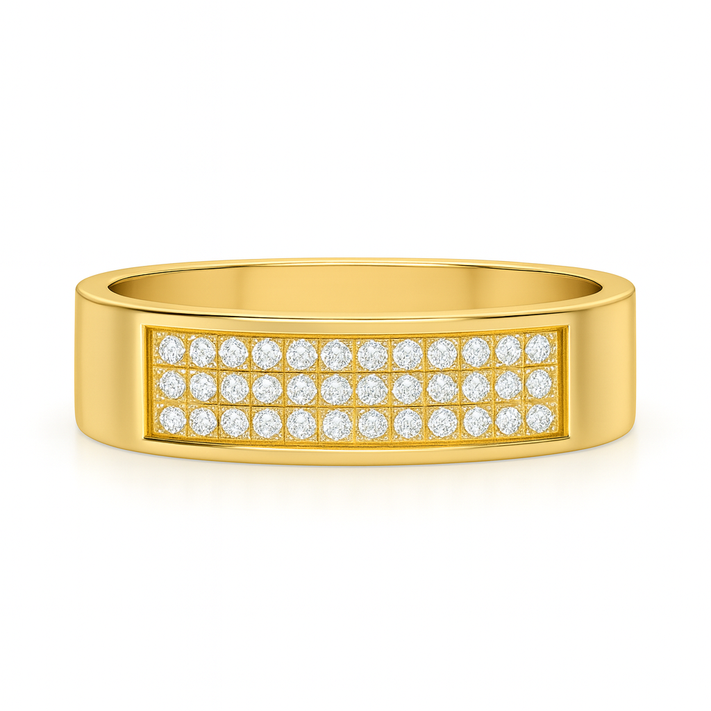 Gold ring with embedded diamonds on a white background
