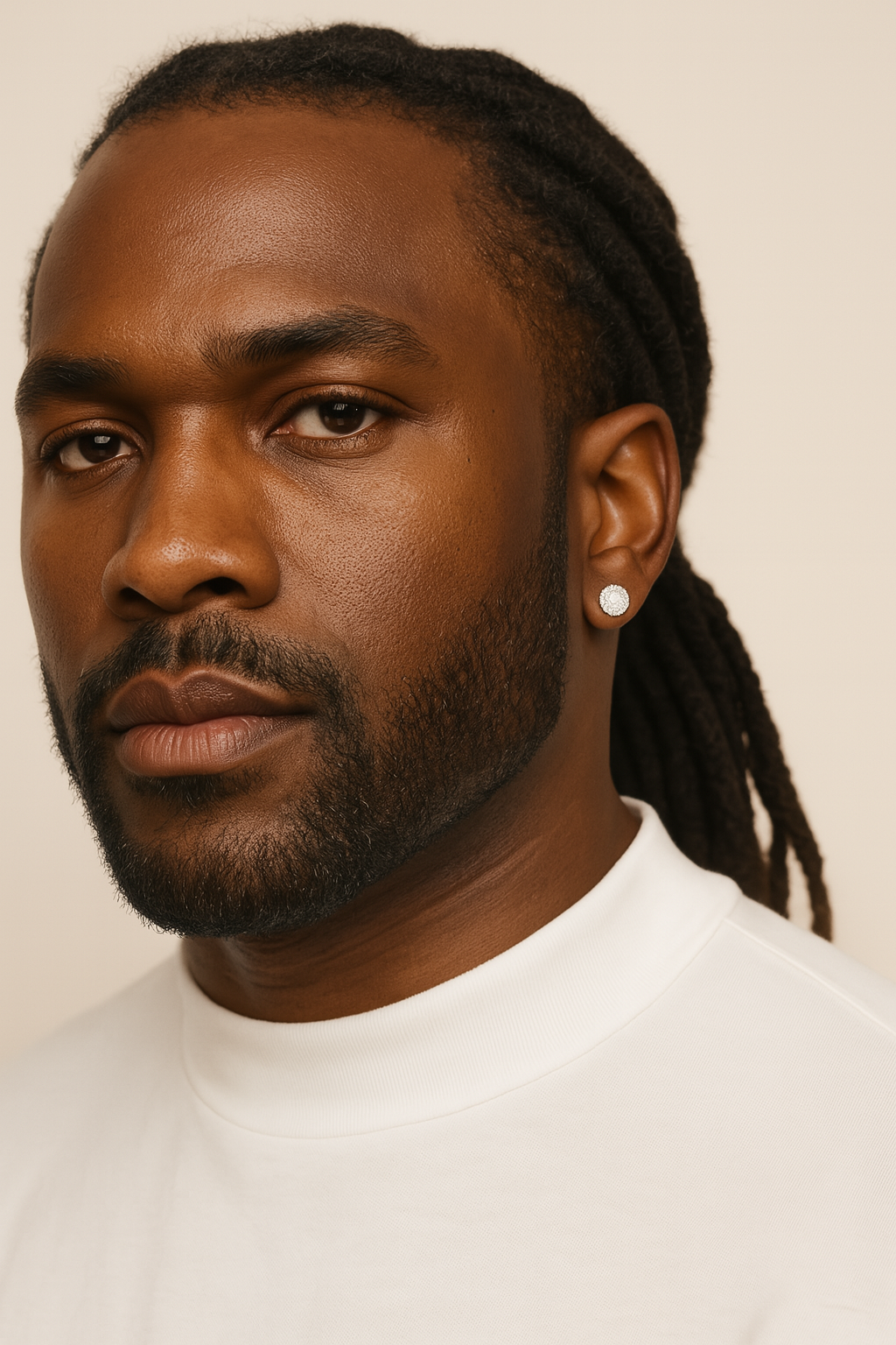 Man with braided hair wearing a white shirt against a beige background