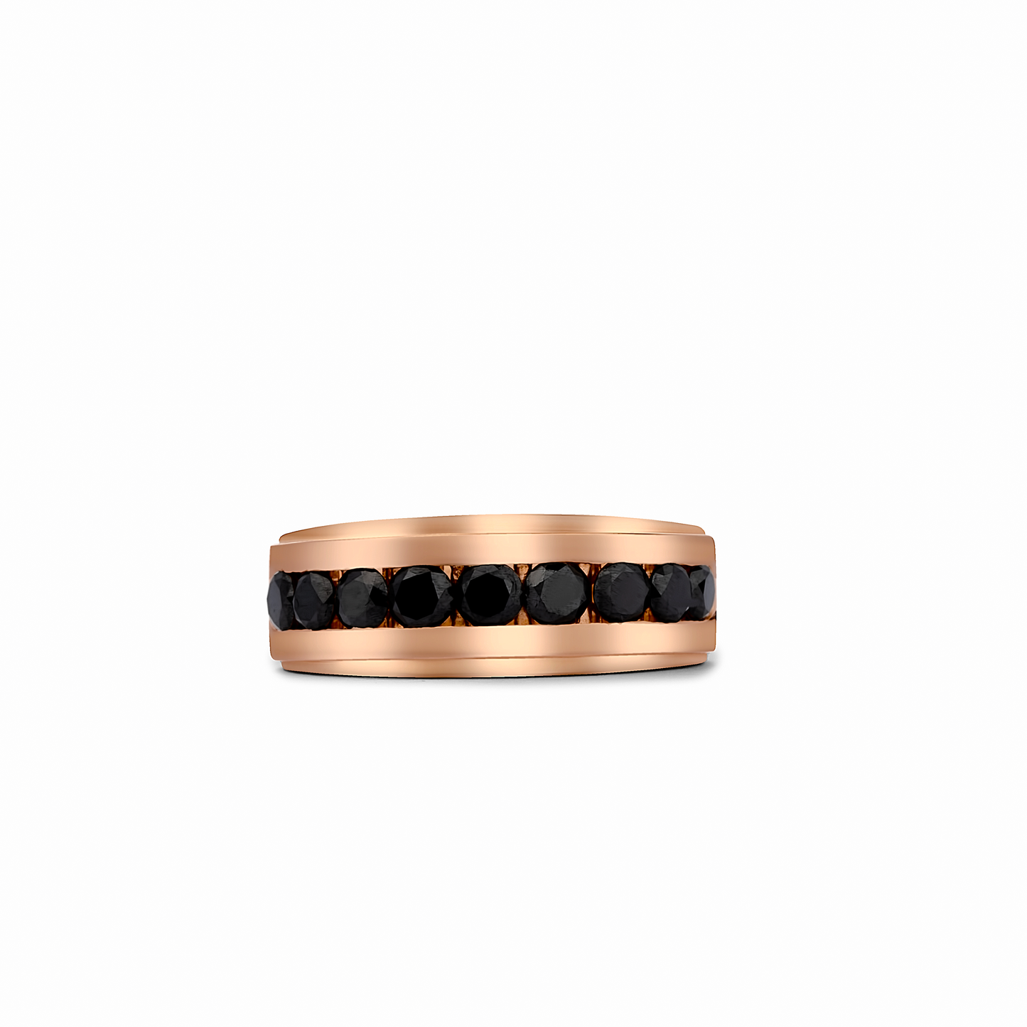 Rose gold ring with black gemstones on a white background