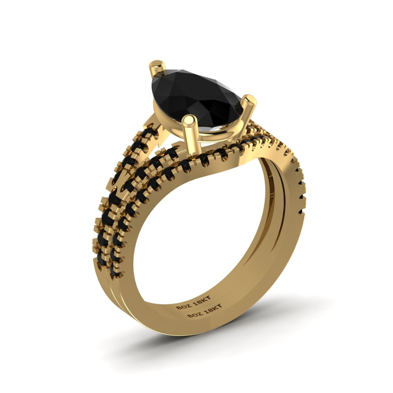 Split Shank Pear Cut Black CZ Bride Set in 18K Gold