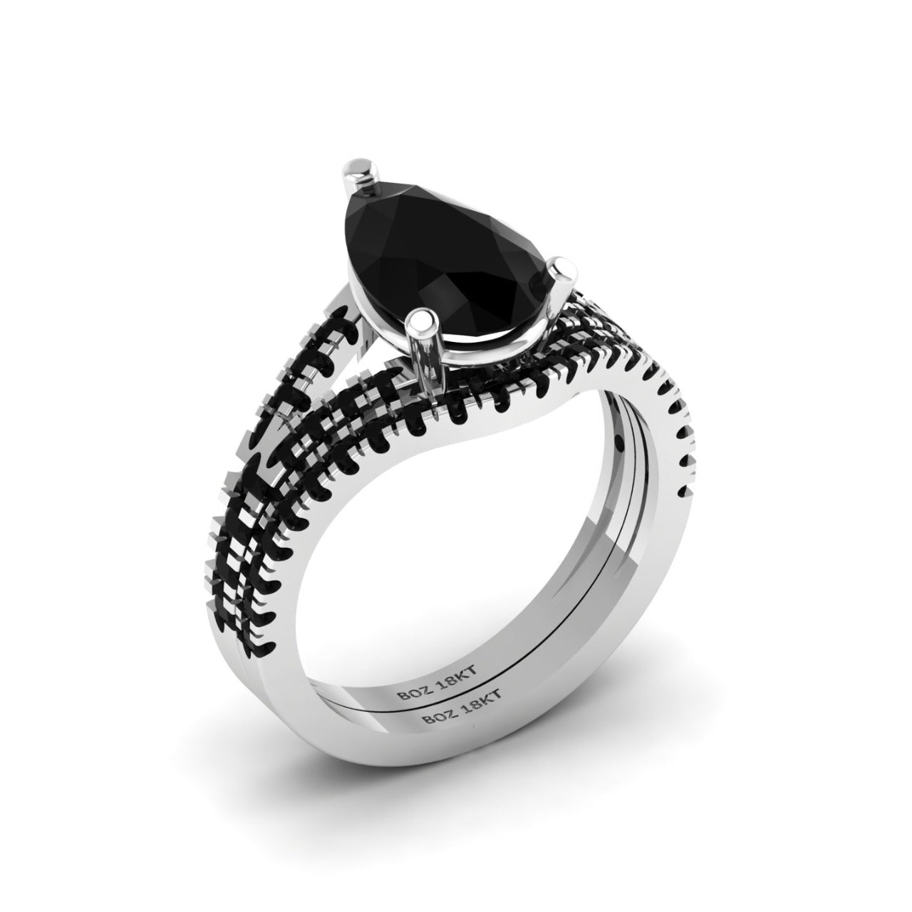 Split Shank Pear Cut Black CZ Bride Set in 18K Gold