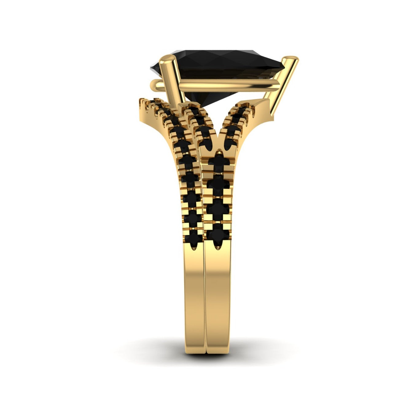 Split Shank Pear Cut Black CZ Bride Set in 18K Gold