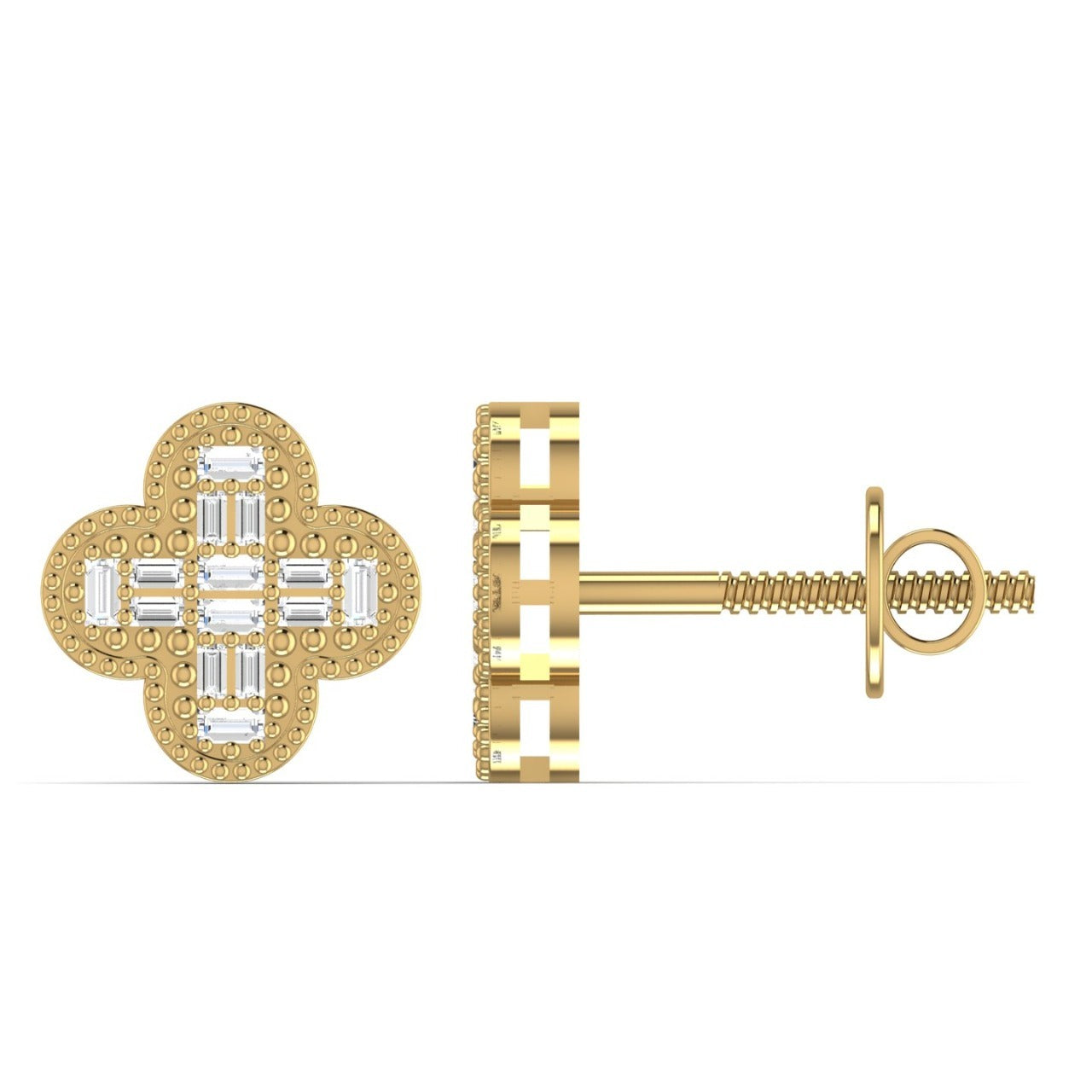 A pair of 18K gold clover-shaped diamond stud earrings with baguette-cut diamonds set within a textured gold frame.