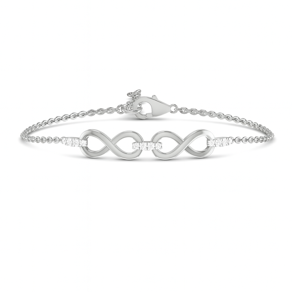 Silver bracelet with infinity symbol on a white background