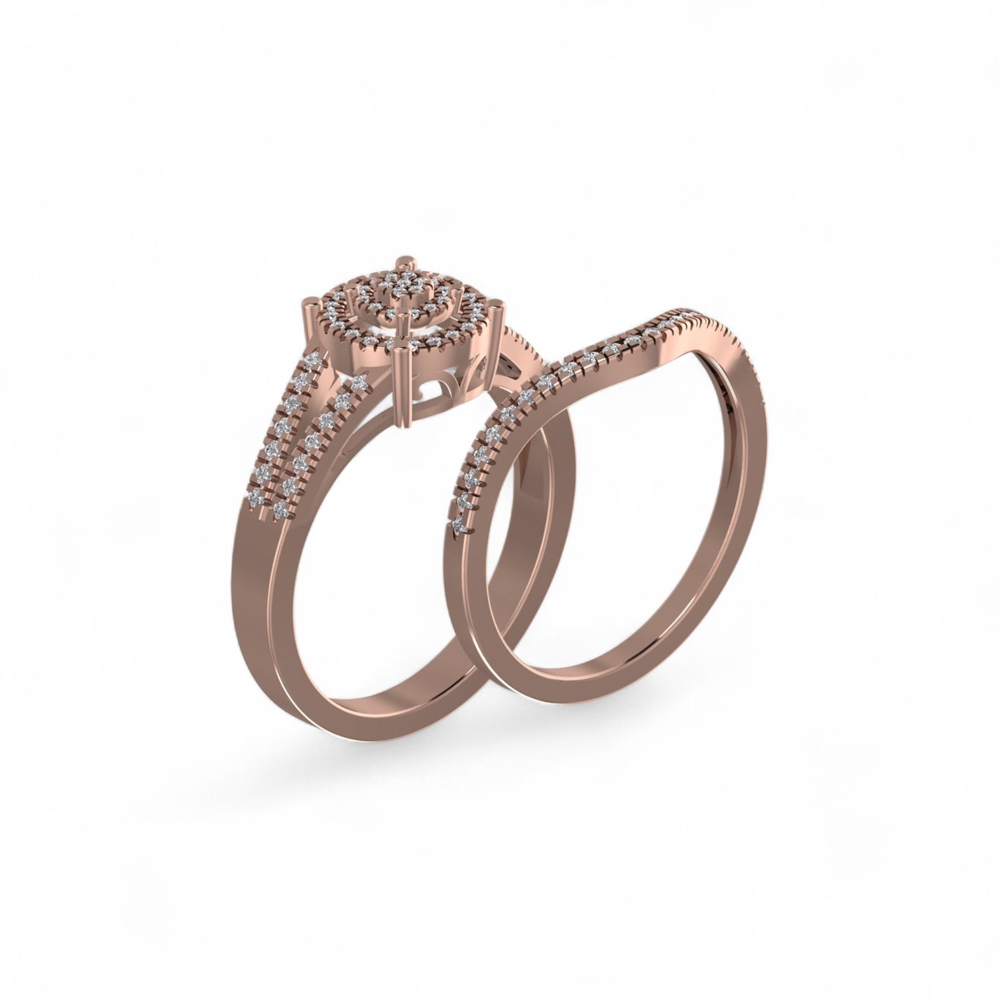Rose gold ring with diamond accents on a white background