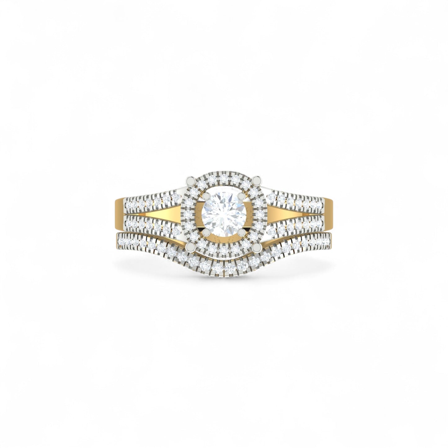 Gold and diamond ring on a white background