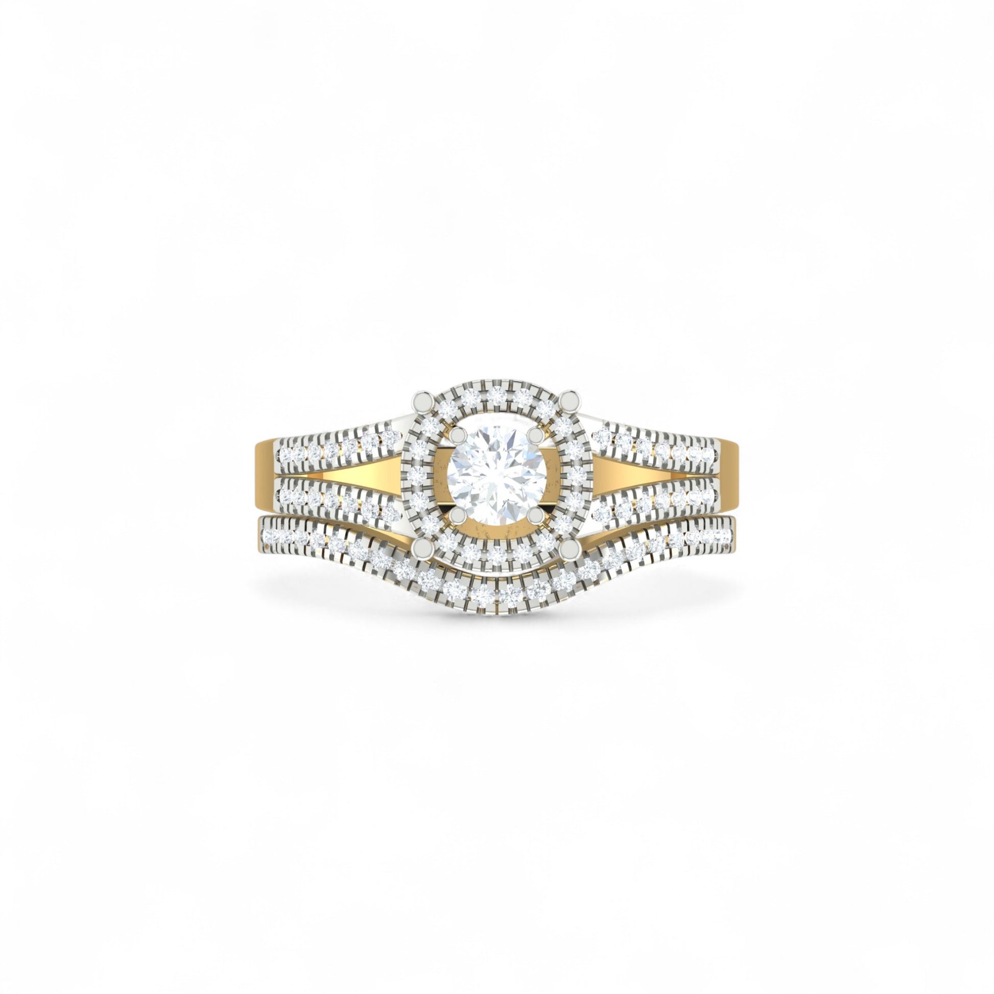 Gold and diamond ring on a white background