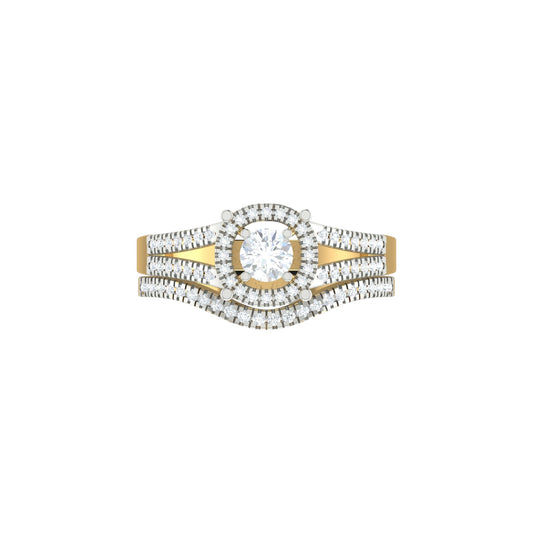 Gold and silver ring with a central diamond on a white background