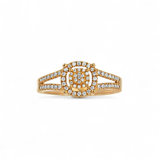 Gold ring with diamond accents on a white background