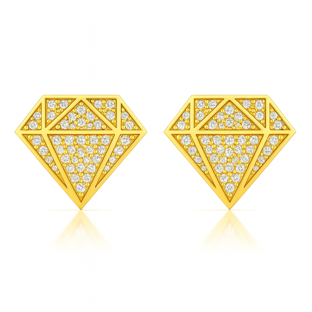 Gold diamond-shaped earrings with embedded stones on a white background