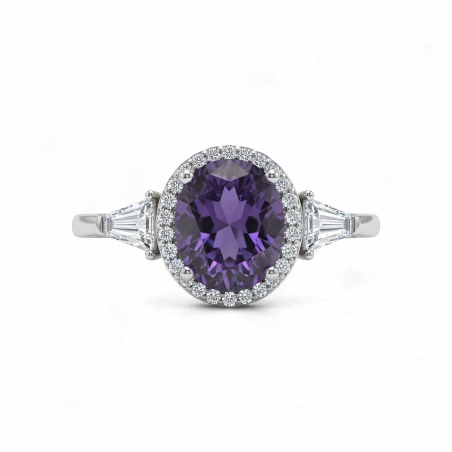 Purple oval cut CZ engagement ring with baguette side stones in 925 sterling silver