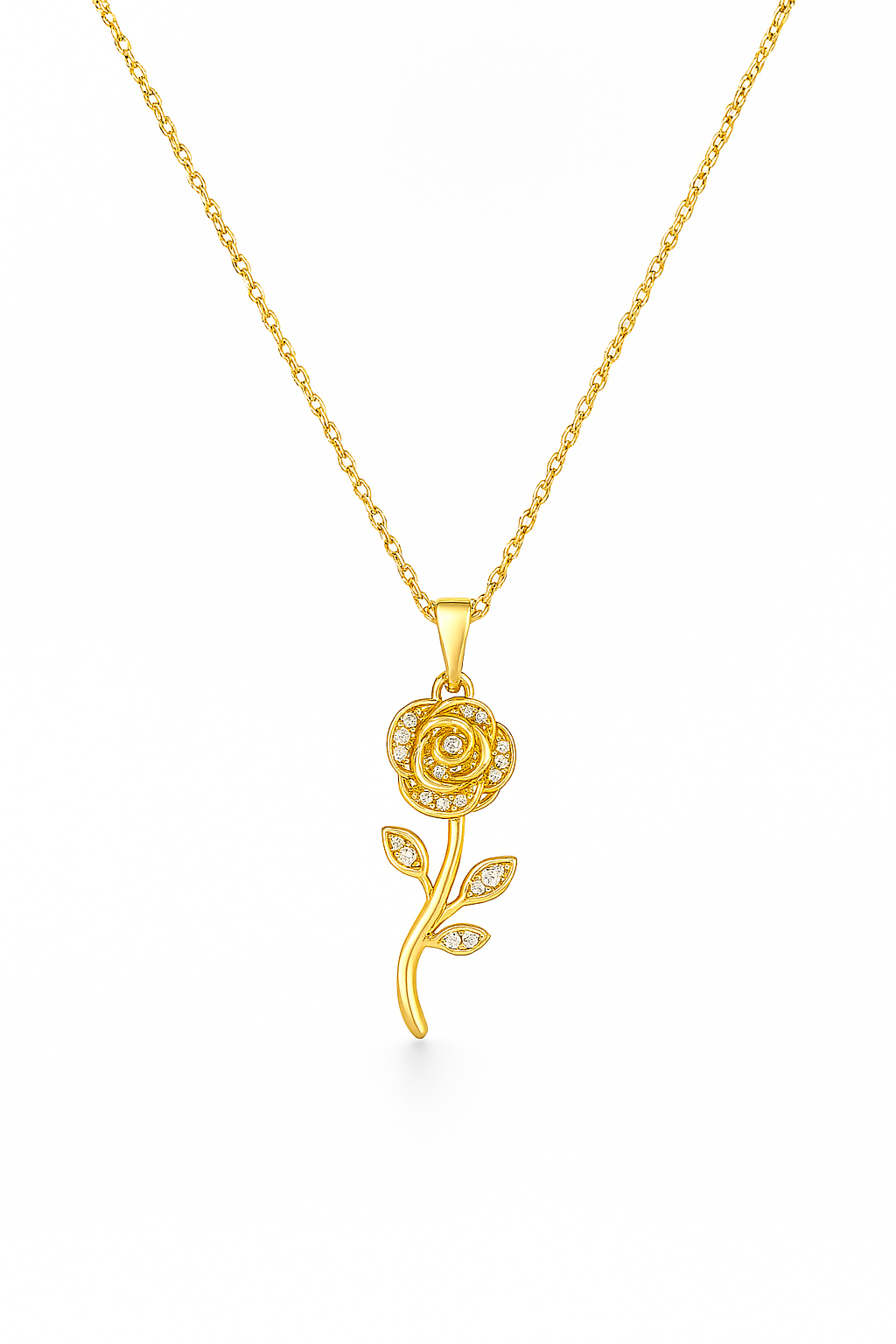Gold rose-shaped pendant necklace on a white background