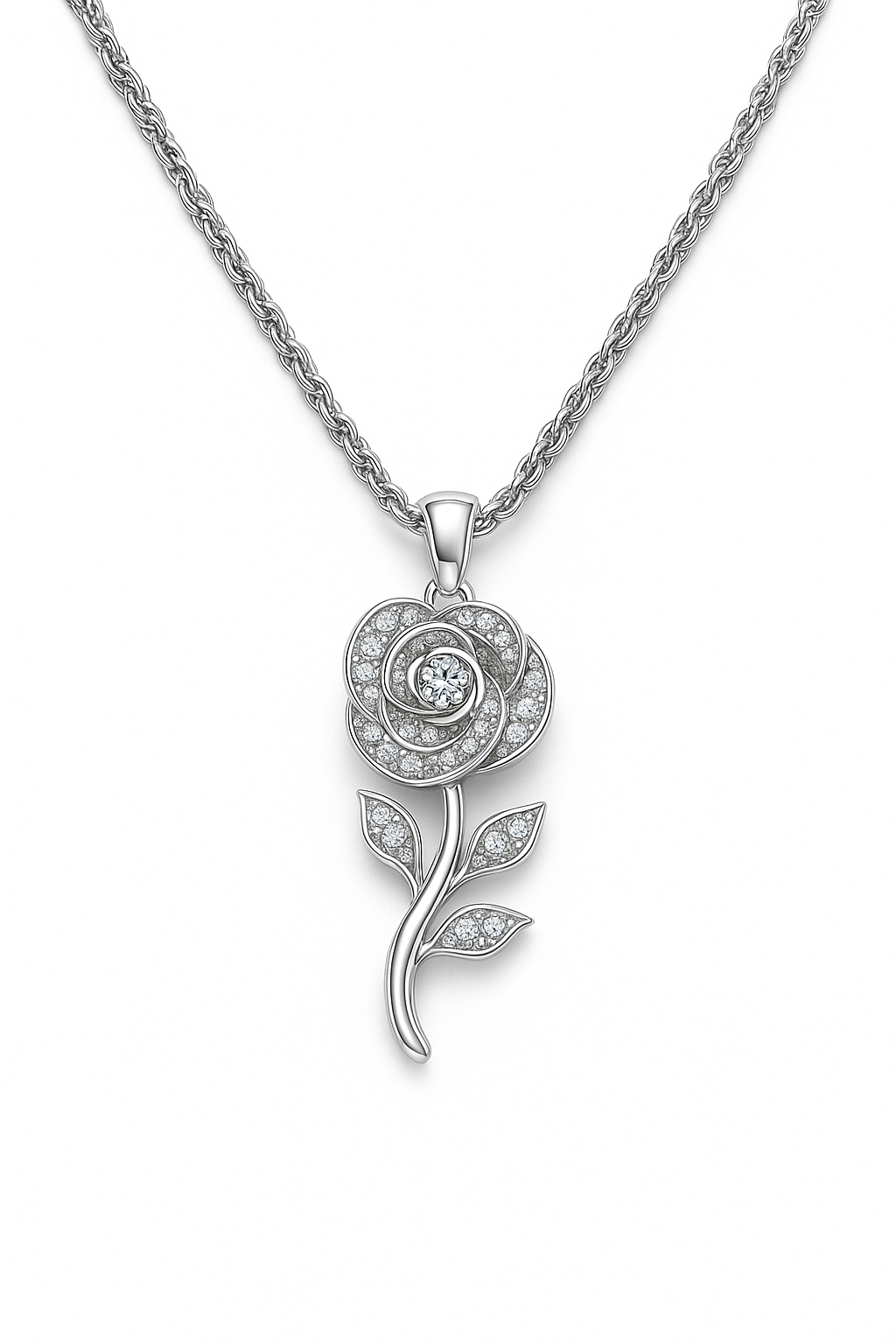 Silver flower-shaped pendant necklace on a white background