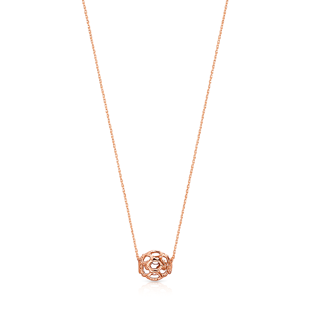 Rose gold necklace with a floral pendant on a white background