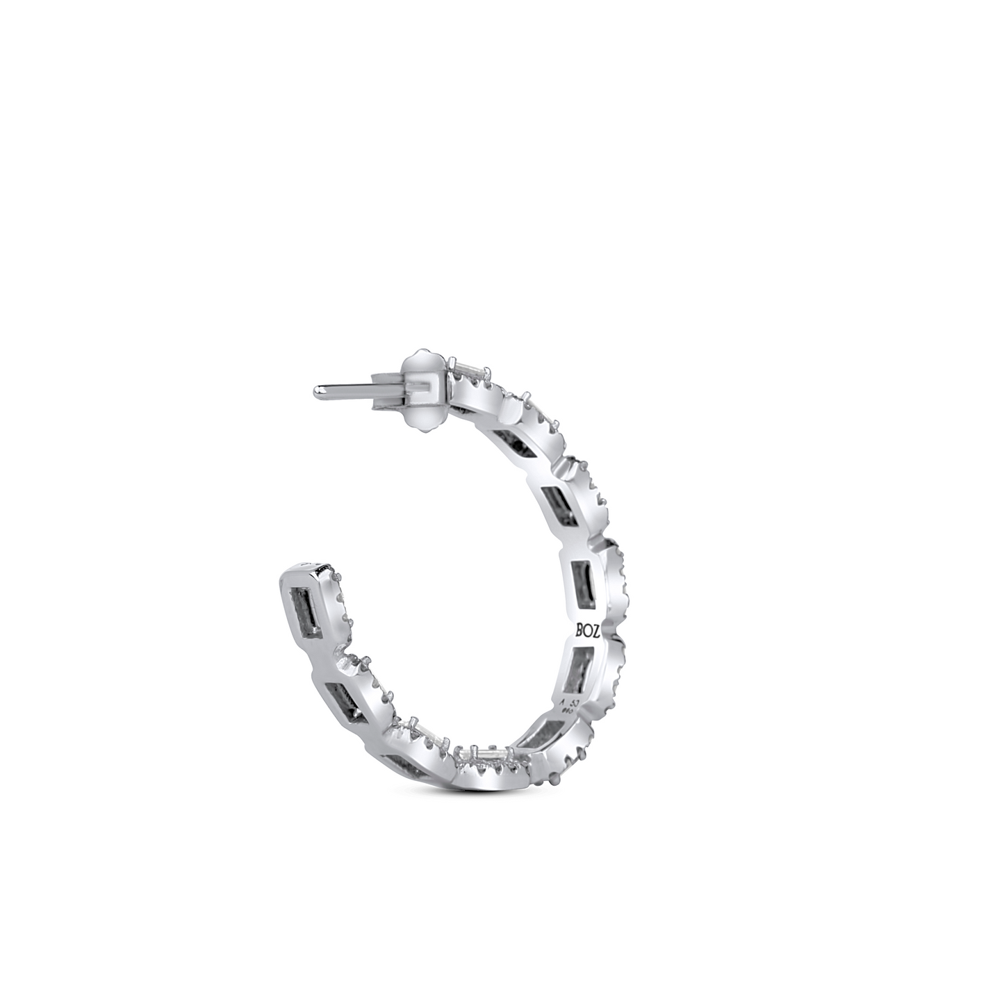 Silver hoop earring on a white background