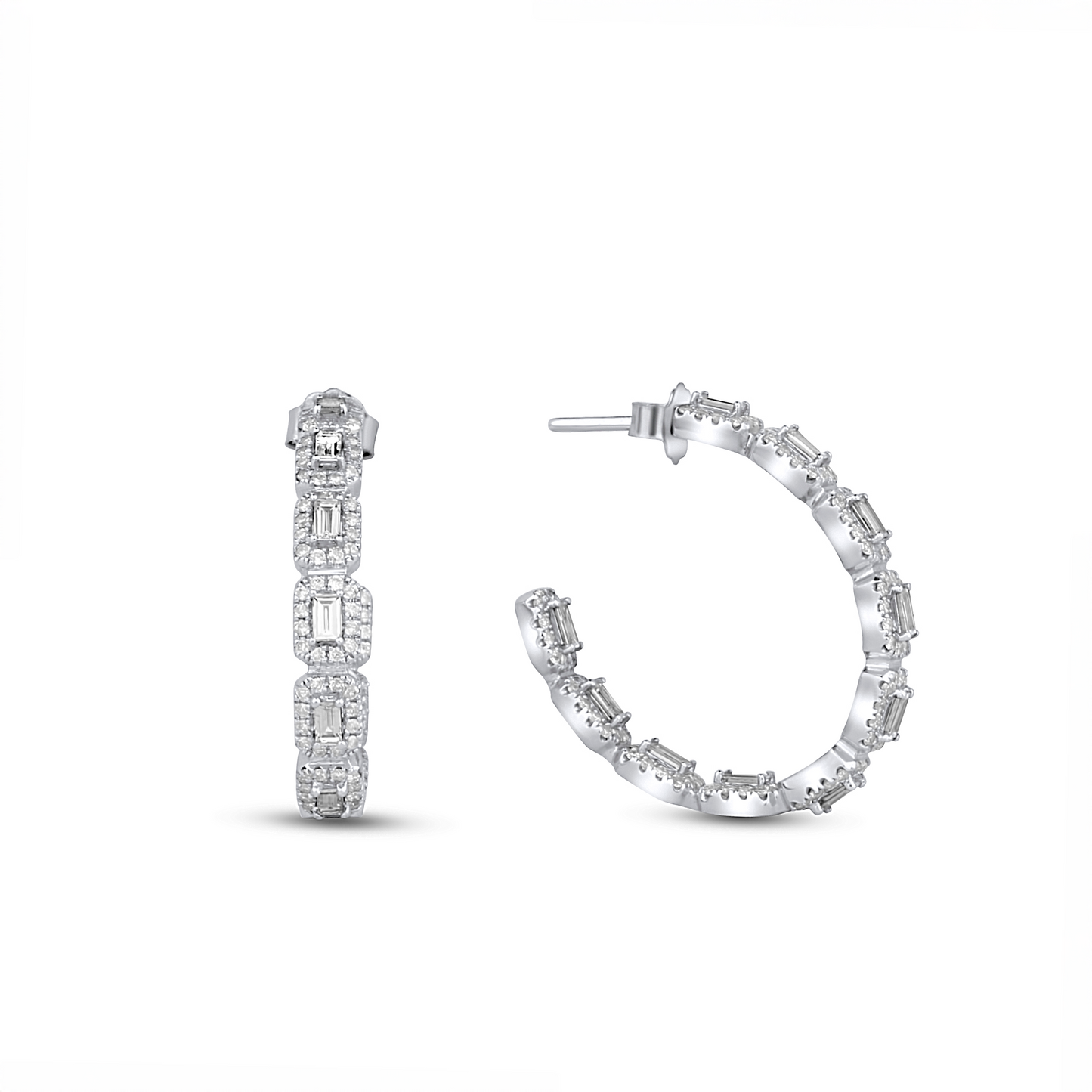 Diamond hoop earrings on a white background